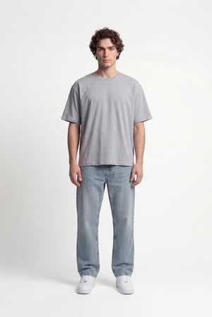 Erkek Basic Pamuklu Crop Oversize Tişört Gri Melanj