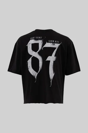 Erkek 87 Baskılı Crop Oversize Tişört Siyah