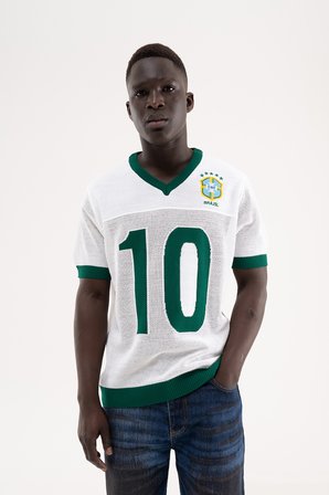 Erkek Brazil Patterned Knit Triko Tişört Beyaz