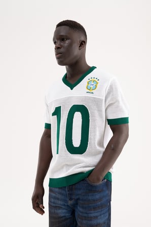 Erkek Brazil Patterned Knit Triko Tişört Beyaz