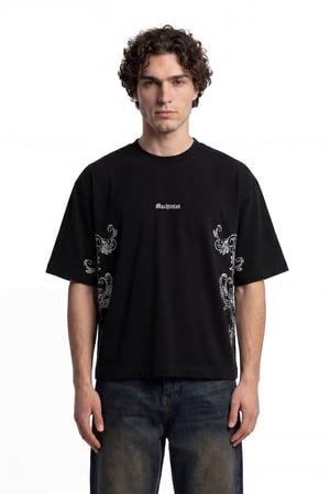 Erkek Paisley Baskılı Crop Oversize Tişört Siyah