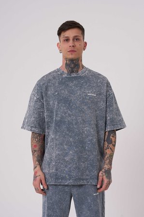 Erkek Yıkamalı Basic Oversize Tişört Gri Efektli