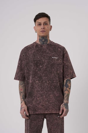 Erkek Yıkamalı Basic Oversize Tişört Kahverengi Efektli