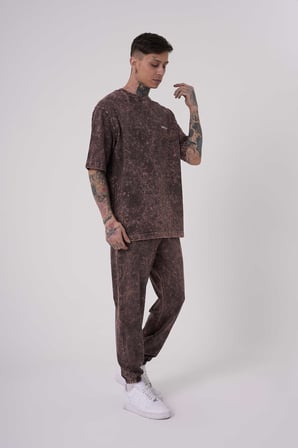Erkek Yıkamalı Basic Oversize Tişört Kahverengi Efektli