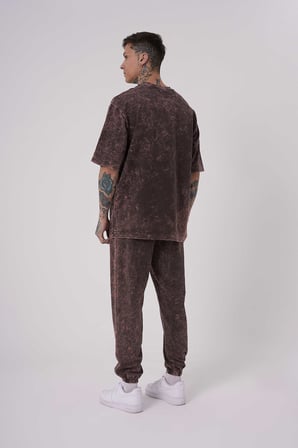 Erkek Yıkamalı Basic Oversize Tişört Kahverengi Efektli