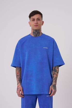 Erkek Yıkamalı Basic Oversize Tişört Açık Mavi Efektli