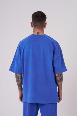 Erkek Yıkamalı Basic Oversize Tişört Açık Mavi Efektli