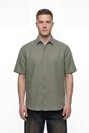 Erkek Kısa Kol Oversize Keten Gömlek Haki