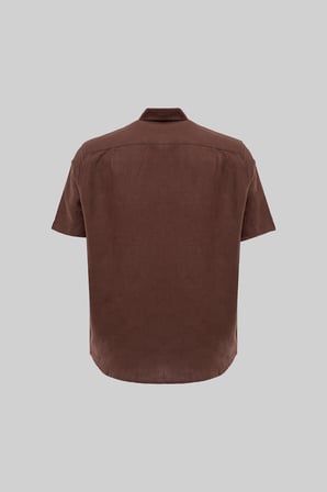Erkek Kısa Kol Oversize Keten Gömlek Kahverengi