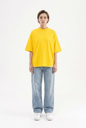 Kadın Basic Oversize Pamuklu Süprem T-Shirt Koyu Sarı