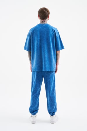 Erkek Degrade Yıkamalı Oversize Tişört Indigo Efektli
