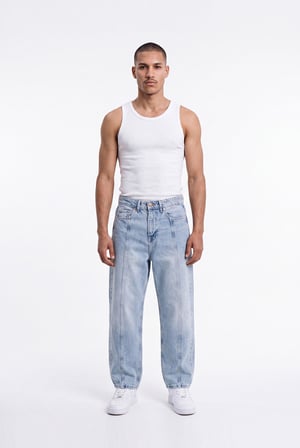 Erkek Dikiş Detaylı Relaxed Baggy Jean Pantolon Mavi