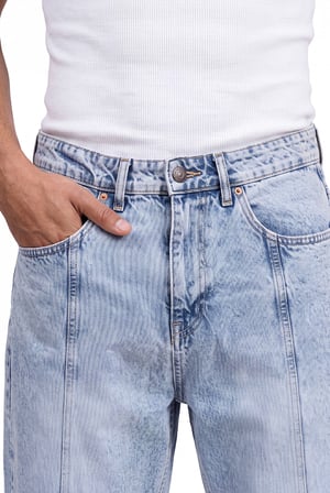 Erkek Dikiş Detaylı Relaxed Baggy Jean Pantolon Mavi