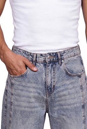 Erkek Dikiş Detaylı Relaxed Baggy Jean Pantolon Mavi
