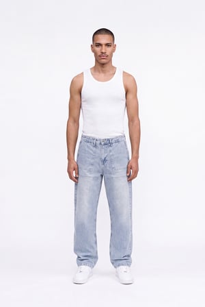 Erkek Dikiş Detaylı Relaxed Baggy Jean Pantolon Mavi