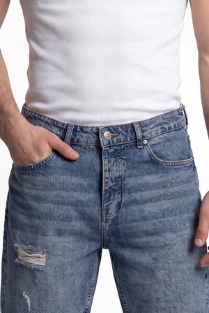 Erkek Boyfriend Yıpratmalı Jean Şort Mavi