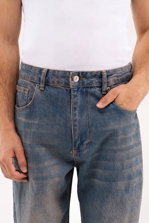 Erkek Barok Baskılı Jean Pantolon Mavi