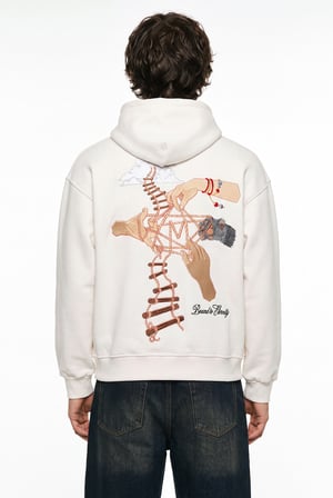 Erkek Ladder Nakışlı Oversize Kapüşonlu Sweatshirt Ekru