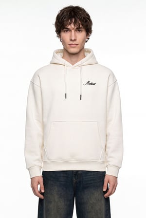 Erkek Ladder Nakışlı Oversize Kapüşonlu Sweatshirt Ekru