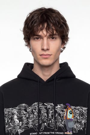 Erkek Figür Nakışlı Oversize Kapüşonlu Sweatshirt Siyah