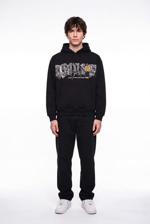 Erkek Figür Nakışlı Oversize Kapüşonlu Sweatshirt Siyah