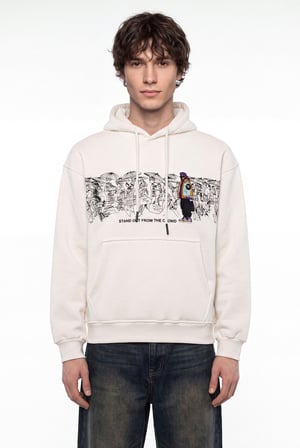 Erkek Figür Nakışlı Oversize Kapüşonlu Sweatshirt Ekru