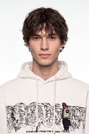 Erkek Figür Nakışlı Oversize Kapüşonlu Sweatshirt Ekru