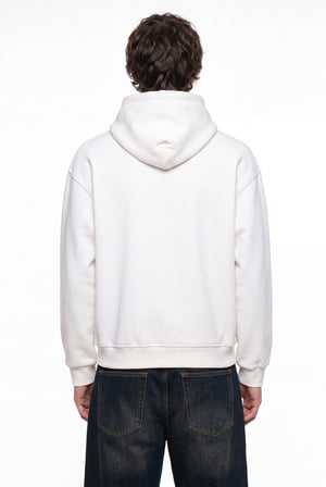 Erkek Figür Nakışlı Oversize Kapüşonlu Sweatshirt Ekru