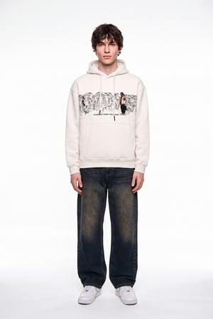 Erkek Figür Nakışlı Oversize Kapüşonlu Sweatshirt Ekru