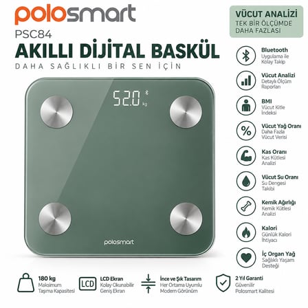 Polosmart PSC84 Akıllı Baskül Bluetooth Vücut Analizli 180 kg Yeşil Cam Dijital Tartı