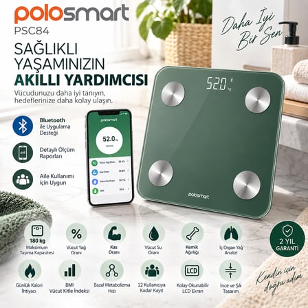 Polosmart PSC84 Akıllı Baskül Bluetooth Vücut Analizli 180 kg Yeşil Cam Dijital Tartı