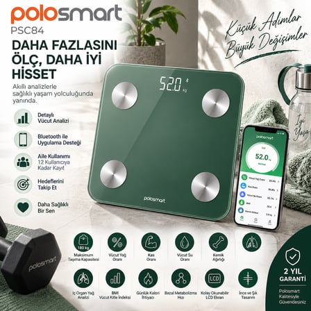 Polosmart PSC84 Akıllı Baskül Bluetooth Vücut Analizli 180 kg Yeşil Cam Dijital Tartı