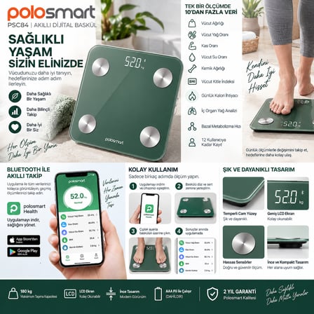 Polosmart PSC84 Akıllı Baskül Bluetooth Vücut Analizli 180 kg Yeşil Cam Dijital Tartı