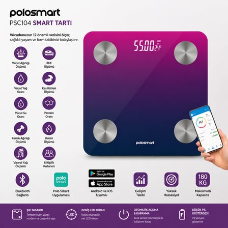 Polosmart PSC104 Akıllı Baskül Mor 180 kg Bluetooth Vücut Analiz Tartısı