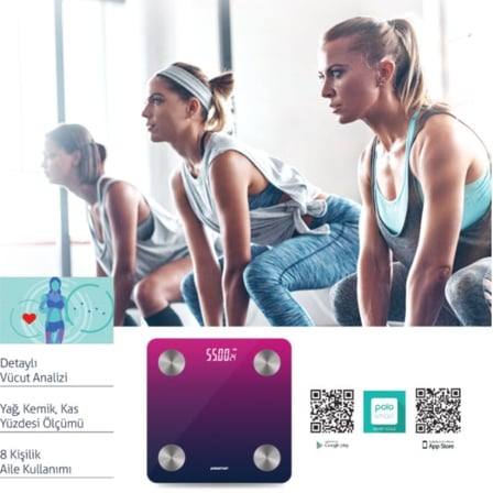 Polosmart PSC104 Akıllı Baskül Mor 180 kg Bluetooth Vücut Analiz Tartısı