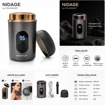 NIDAGE by Polosmart Dijital Göstergeli Şarjlı Mini Sıfır Tıraş Makinesi Antrasit – Kusursuz Detayın Gücü