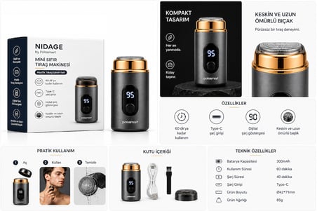 Nidage Mini Sıfır Tıraş Makinesi Antrasit Seyahat Tipi Type-C Şarjlı