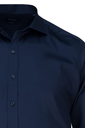 Lacivert Slim Fit Açık İtalyan Yaka Uzun Kollu Saten Gömlek | XXL