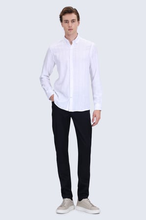 Siyah Comfort Fit Çizgili Düğmeli Yaka 100% Pamuk Uzun Kollu Spor Gömlek | S