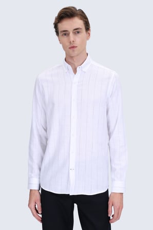 Siyah Comfort Fit Çizgili Düğmeli Yaka 100% Pamuk Uzun Kollu Spor Gömlek | S