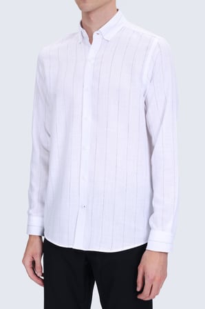 Siyah Comfort Fit Çizgili Düğmeli Yaka 100% Pamuk Uzun Kollu Spor Gömlek | S