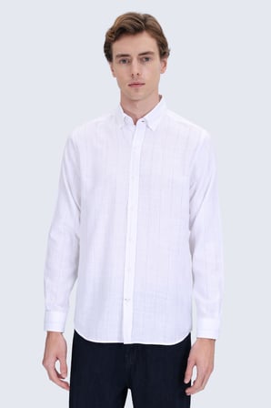 Gri Comfort Fit Çizgili Düğmeli Yaka 100% Pamuk Uzun Kollu Spor Gömlek | M
