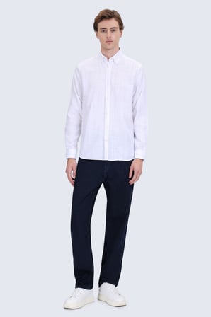 Gri Comfort Fit Çizgili Düğmeli Yaka 100% Pamuk Uzun Kollu Spor Gömlek | M