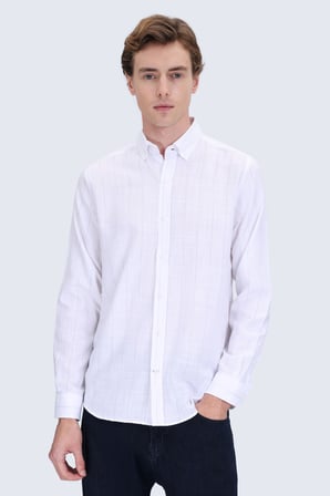 Gri Comfort Fit Çizgili Düğmeli Yaka 100% Pamuk Uzun Kollu Spor Gömlek | M
