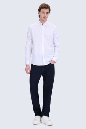 Gri Comfort Fit Çizgili Düğmeli Yaka 100% Pamuk Uzun Kollu Spor Gömlek | M