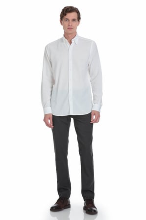 Beyaz Comfort Fit Çizgili Düğmeli Yaka 100% Pamuk Uzun Kollu Casual Gömlek | XL