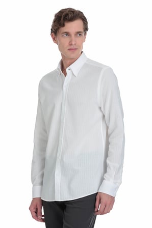 Beyaz Comfort Fit Çizgili Düğmeli Yaka 100% Pamuk Uzun Kollu Casual Gömlek | XL