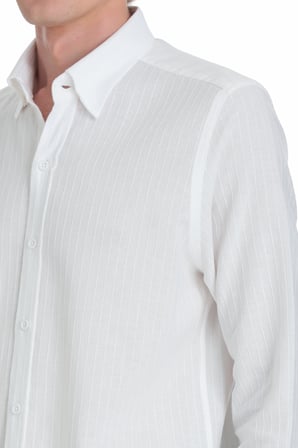 Beyaz Comfort Fit Çizgili Düğmeli Yaka 100% Pamuk Uzun Kollu Casual Gömlek | XL
