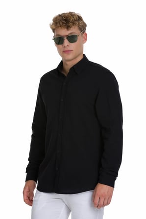 Siyah Comfort Fit Çizgili Düğmeli Yaka 100% Pamuk Uzun Kollu Casual Gömlek | M