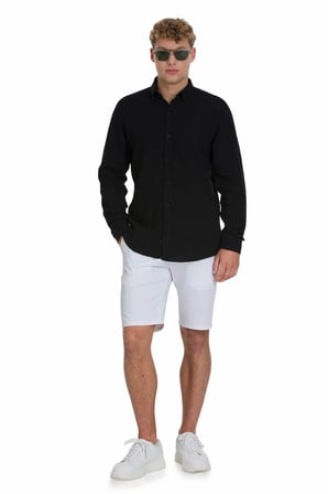Siyah Comfort Fit Çizgili Düğmeli Yaka 100% Pamuk Uzun Kollu Casual Gömlek | M